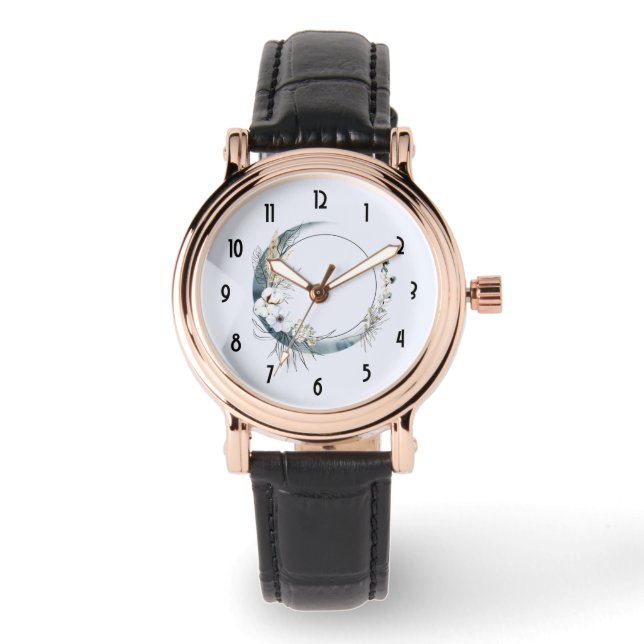 Blue Crescent Moon with White Flowers Watch (Front)