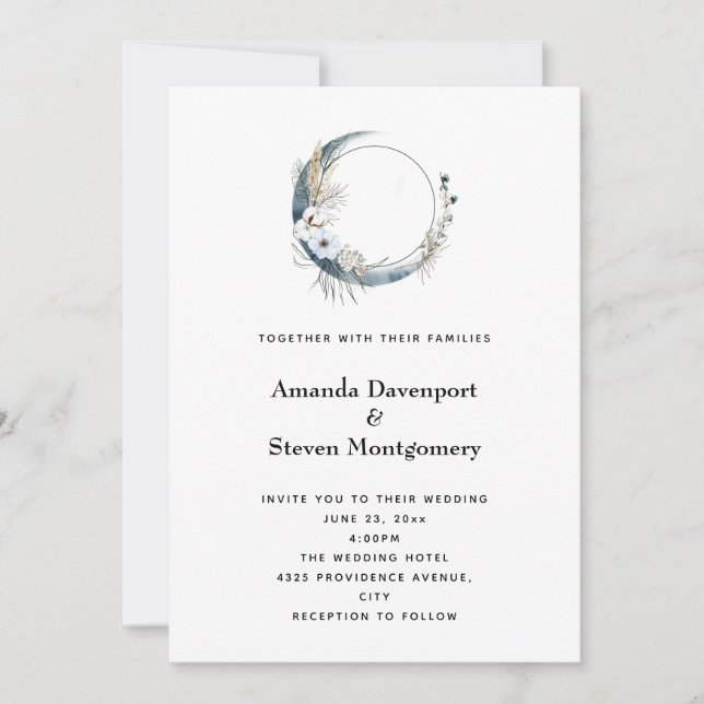 Blue Crescent Moon with White Flowers Wedding Invitation (Front)