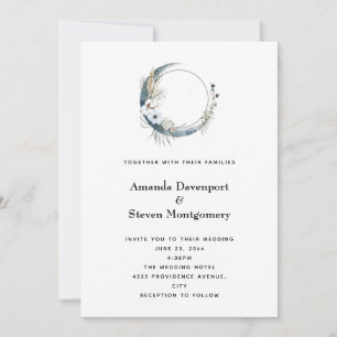 Blue Crescent Moon with White Flowers Wedding Invitation