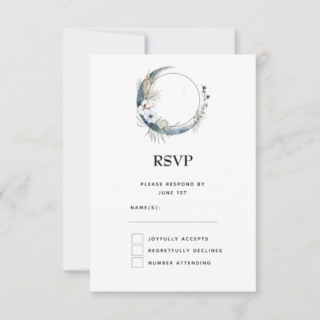 Blue Crescent Moon with White Flowers Wedding RSVP Card (Front)