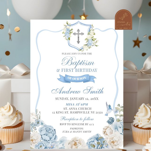 Blue Crest and Floral Baptism & First Birthday Invitation (Creator Uploaded)