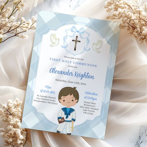 Blue Crest Sailor Boy First Holy Communion Invitation