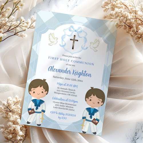 Blue Crest Twins Sailor Boy First Holy Communion Invitation