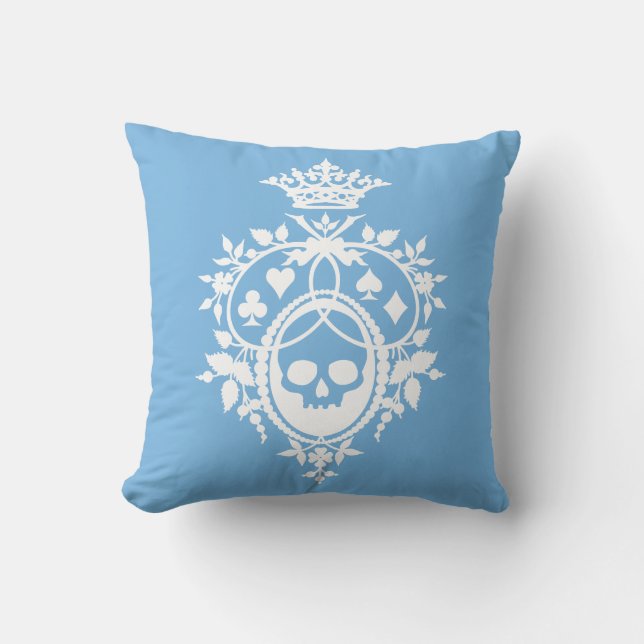 Blue Crest with Skull and Cardsuits Throw Pillow (Front)