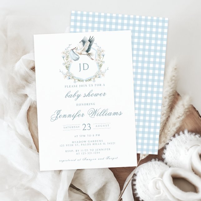 Blue Crest with Stork & Flowers Baby Boy Shower Invitation (Creator Uploaded)