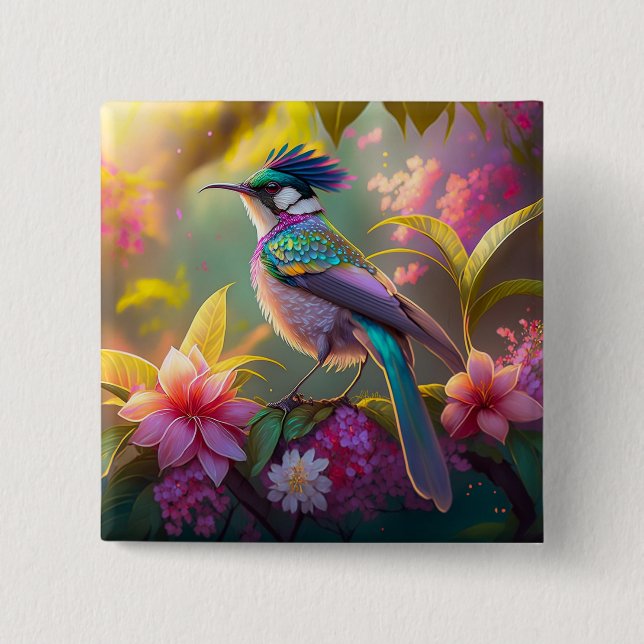 Blue Crested Rainbow Winged Sunbird Fantasy Bird Button (Front)