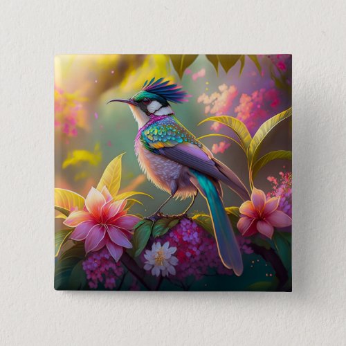 Blue Crested Rainbow Winged Sunbird Fantasy Bird Button