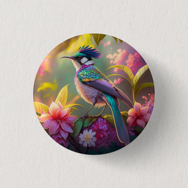 Blue Crested Rainbow Winged Sunbird Fantasy Bird Button (Front)