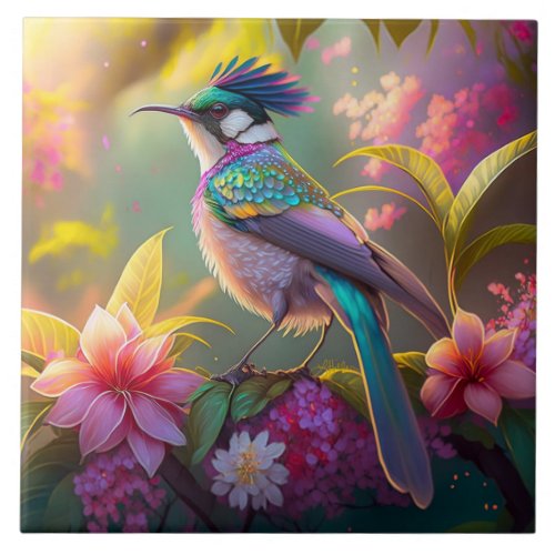 Blue Crested Rainbow Winged Sunbird Fantasy Bird Ceramic Tile