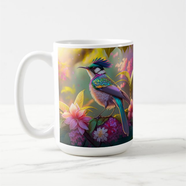 Blue Crested Rainbow Winged Sunbird Fantasy Bird Coffee Mug (Left)