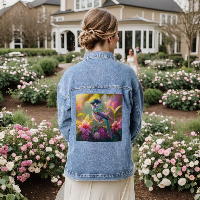 Blue Crested Rainbow Winged Sunbird Fantasy Bird Denim Jacket (Wedding Back)