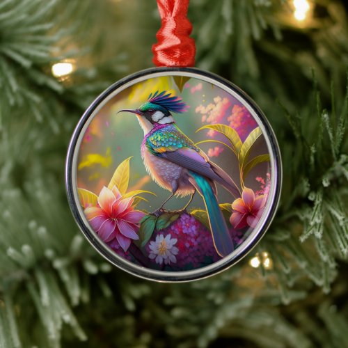 Blue Crested Rainbow Winged Sunbird Fantasy Bird Metal Ornament