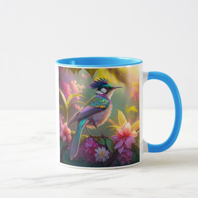 Blue Crested Rainbow Winged Sunbird Fantasy Bird Mug (Right)