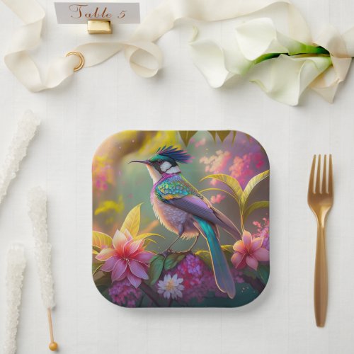 Blue Crested Rainbow Winged Sunbird Fantasy Bird Paper Plates