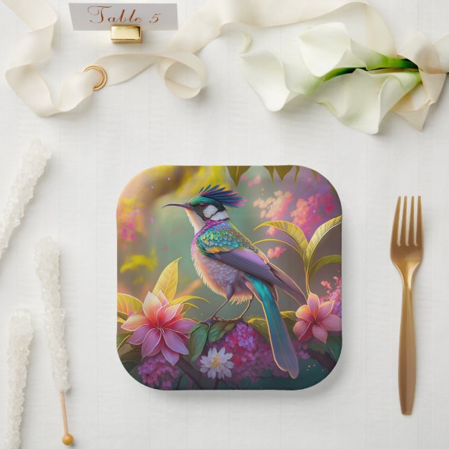 Blue Crested Rainbow Winged Sunbird Fantasy Bird Paper Plates (Wedding)