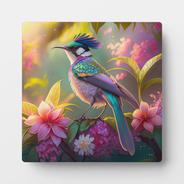 Blue Crested Rainbow Winged Sunbird Fantasy Bird Plaque (Front)