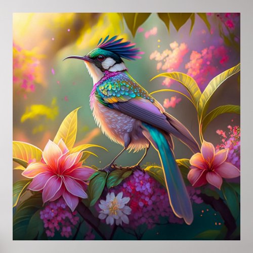 Blue Crested Rainbow Winged Sunbird Fantasy Bird Poster