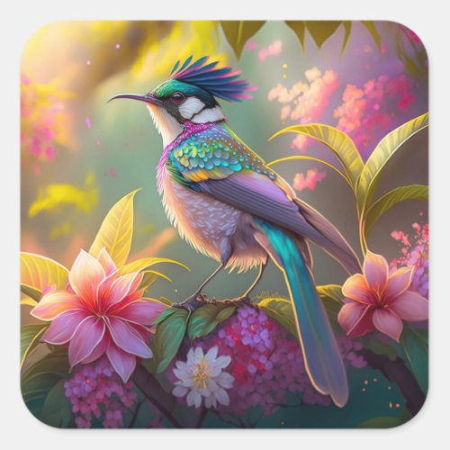 Blue Crested Rainbow Winged Sunbird Fantasy Bird Square Sticker