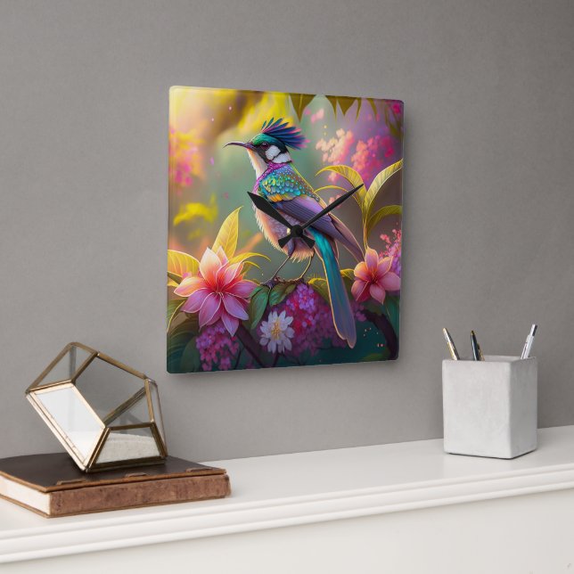 Blue Crested Rainbow Winged Sunbird Fantasy Bird Square Wall Clock (Office)