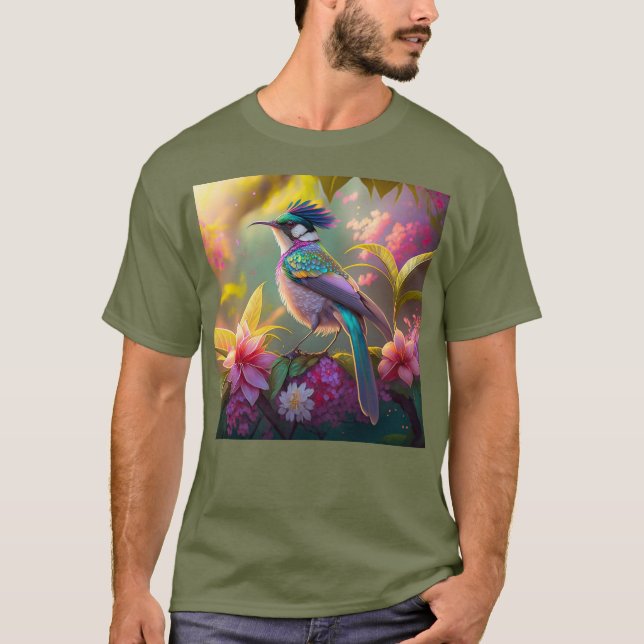Blue Crested Rainbow Winged Sunbird Fantasy Bird T-Shirt (Front)