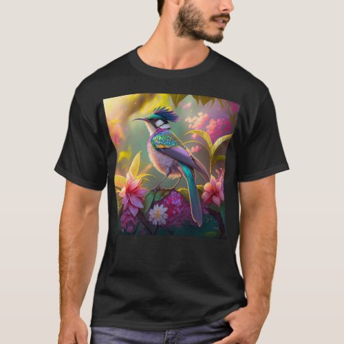 Blue Crested Rainbow Winged Sunbird Fantasy Bird T_Shirt