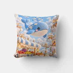 Blue Crochet Style Whale Floating Cloud Market Throw Pillow