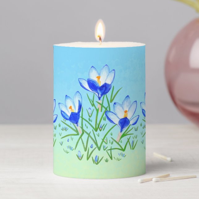Blue Crocus Flowers Pillar Candle (In Situ)