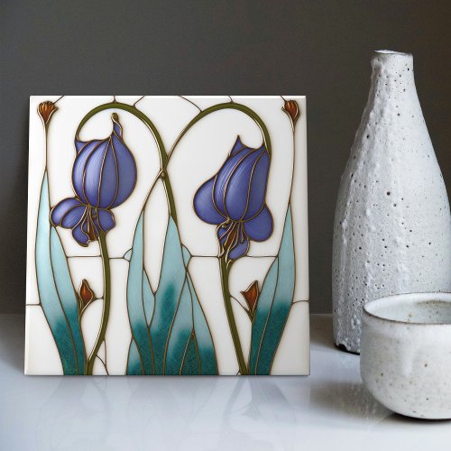 Blue Crocus Wall Decor Art Nouveau Art Deco Ceramic Tile