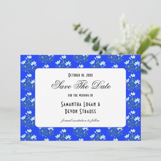 Blue Crocus Wedding Save The Date (Standing Front)