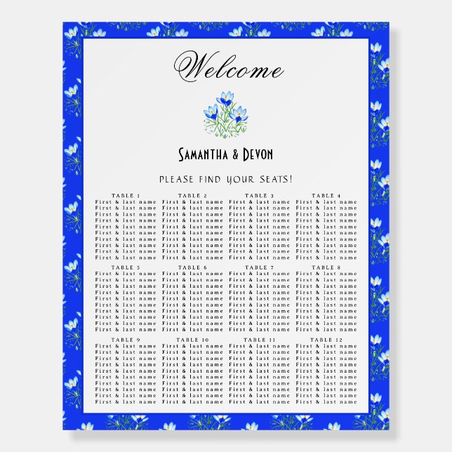 Blue Crocus Wedding Seating Chart Foam Board (Front)
