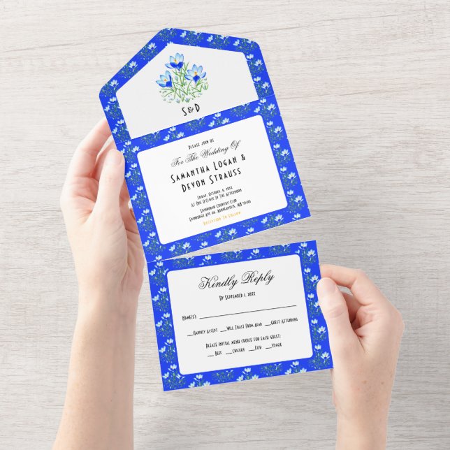 Blue Crocuse Flowers All in One Wedding Invite (Tearaway)