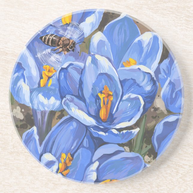 Blue crocuses and a bee coaster (Front)