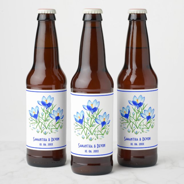 Blue Crocuses White Wedding Beer Lables Bottle Label (Bottles)
