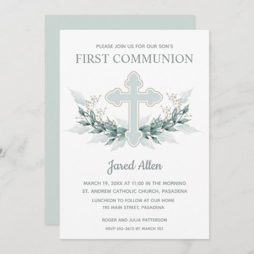 Blue Cross and Foliage First Communion Invitations