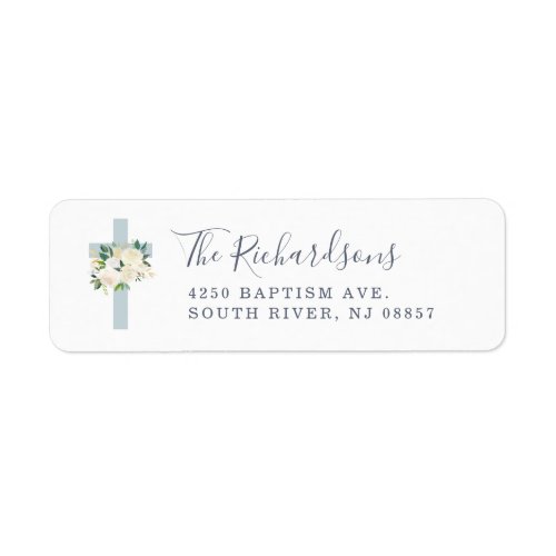 Blue Cross and White Flowers  Baptism Label