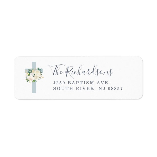 Blue Cross and White Flowers | Baptism Label (Front)