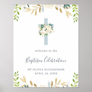 Blue Cross and White Flowers   Baptism Welcome Poster