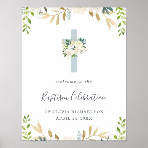 Blue Cross and White Flowers  Baptism Welcome Poster
