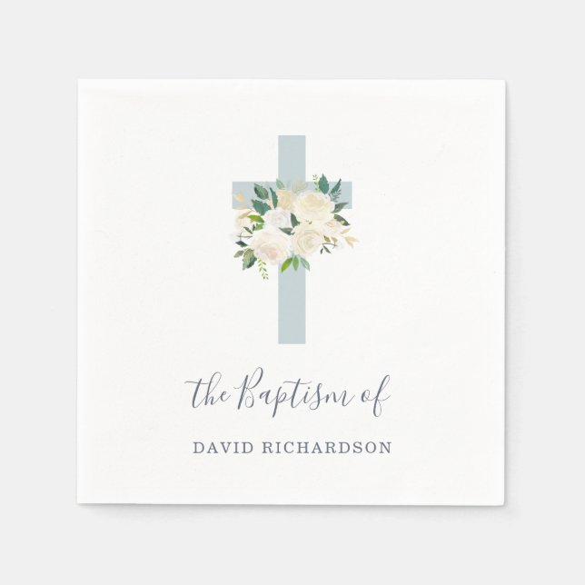 Blue Cross and White Flowers | Boy Baptism Napkins (Front)