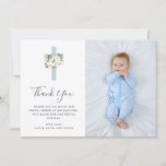 Blue Cross and White Flowers | Photo Boy Baptism Thank You Card