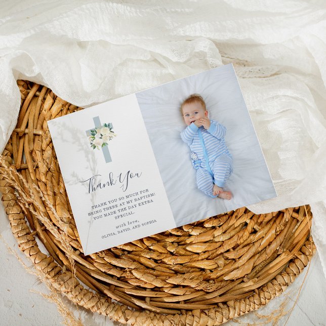 Blue Cross and White Flowers | Photo Boy Baptism Thank You Card (Creator Uploaded)