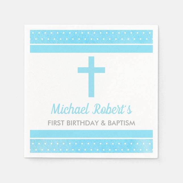 Blue Cross Baby Boy First Birthday Baptism Napkins (Front)