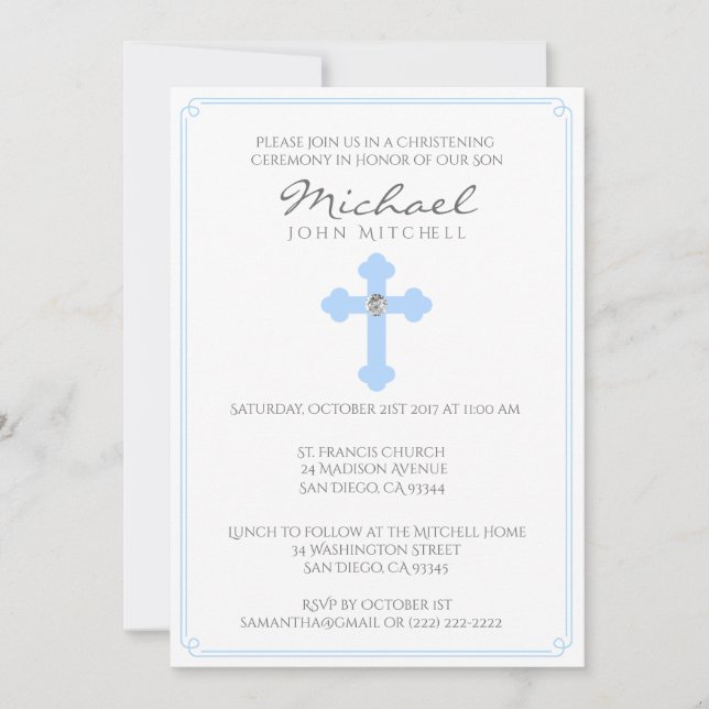 Blue Cross Baptism Christening Ceremony Baby Boy Invitation (Front)
