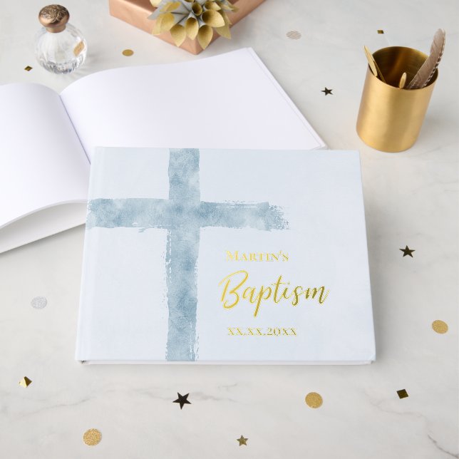blue Cross Baptism Foil Guest Book (Front Open)
