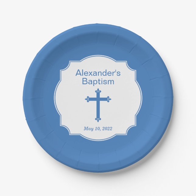 Blue Cross Boys Baptism Christening Paper Plates (Front)