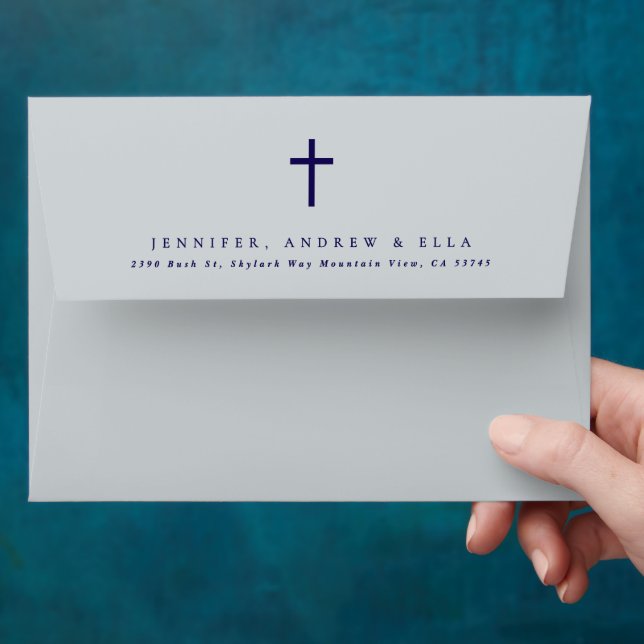 Blue Cross Calligraphy Navy Baptism Invite Envelope (Hand)