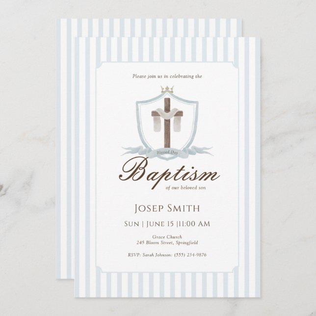 Blue Cross Crest Baptism Invitation (Front/Back)