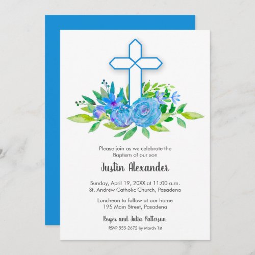 Blue Cross Floral Baptism Christening Invitations