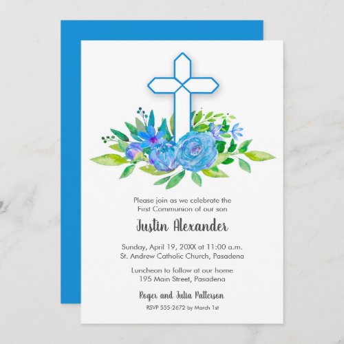 Blue Cross Floral First Communion Invitations