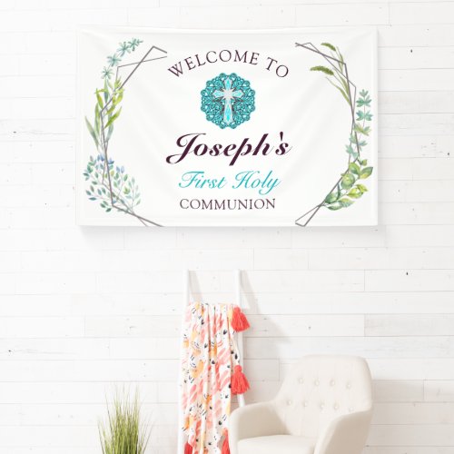 Blue Cross Floral First Holy Communion Welcome Banner